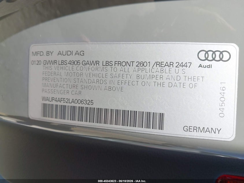 2020 Audi S5 VIN WAUP4AF52LA006325 IAAI salvage auction — FRONT END, Salvage Title, sold $7,700 on 2026-07-16 (photo 9)