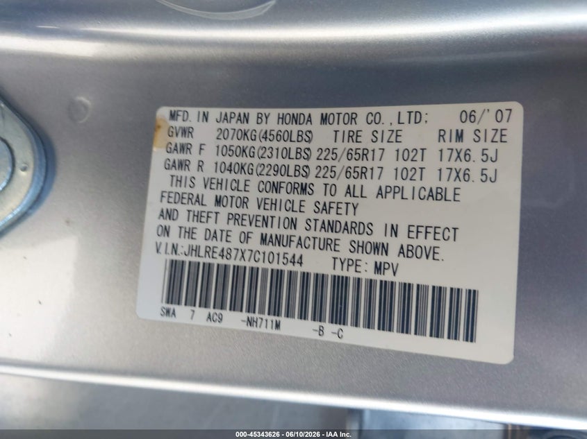 2007 Honda Cr-v VIN JHLRE487X7C101544 IAAI salvage auction — FRONT END, Salvage (California), sold $1,550 on 2026-07-13 (photo 9)