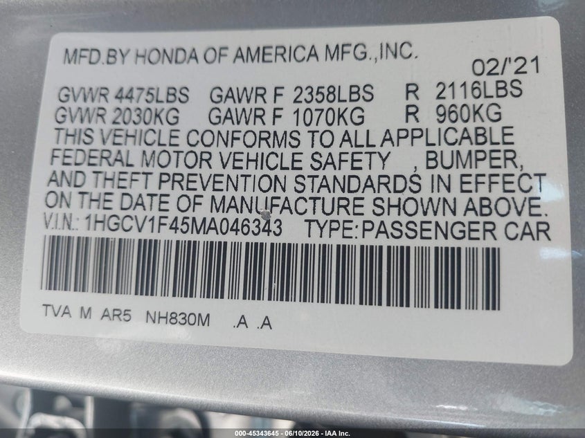 2021 Honda Accord VIN 1HGCV1F45MA046343 IAAI salvage auction — UNDERCARRIAGE, Wait Title, sold $7,600 on 2026-08-10 (photo 9)
