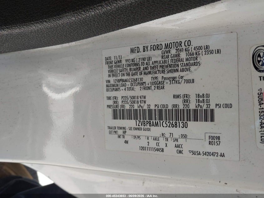 2012 Ford Mustang VIN 1ZVBP8AM1C5268130 IAAI salvage auction — FRONT END, Salvage (California), sold $700 on 2026-07-09 (photo 9)