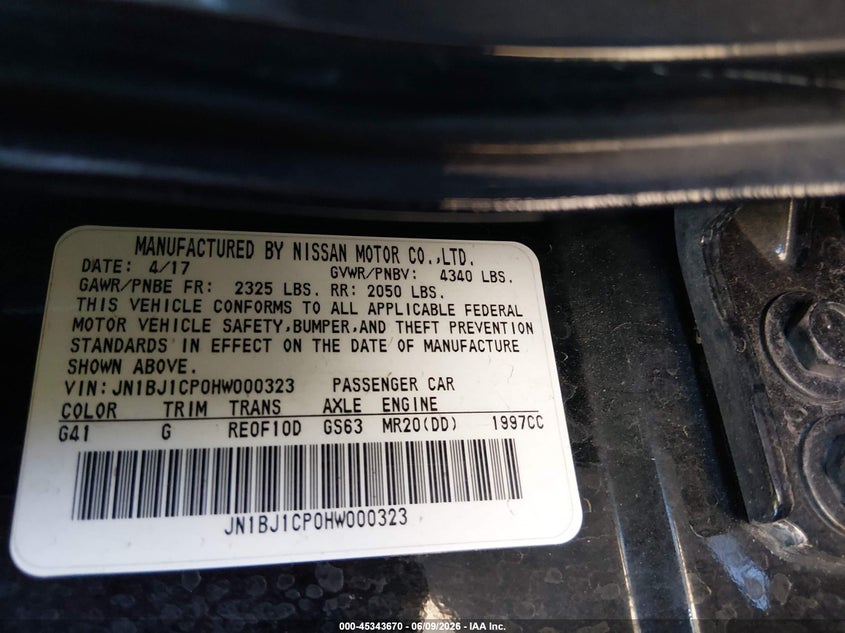 2017 Nissan VIN JN1BJ1CP0HW000323 IAAI salvage auction — REAR END, Salvage (Arizona), sold $2,100 on 2026-07-21 (photo 9)