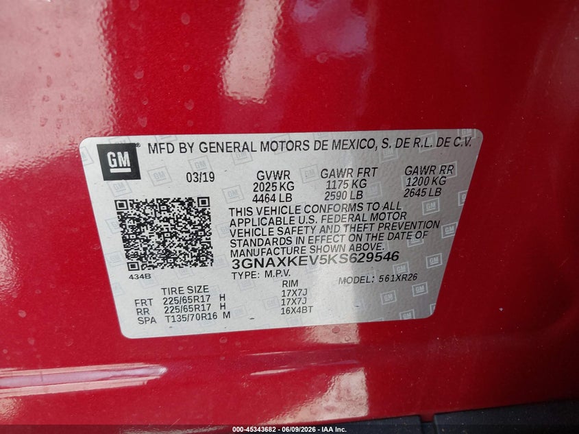 2019 Chevrolet Equinox VIN 3GNAXKEV5KS629546 IAAI salvage auction — REAR END, Salvage Certificate (California), sold $3,700 on 2026-07-25 (photo 9)