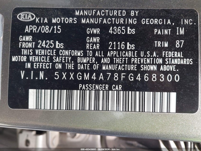 2015 Kia Optima VIN 5XXGM4A78FG468300 IAAI salvage auction — NORMAL WEAR, Salvage Title, sold $950 on 2026-07-16 (photo 9)