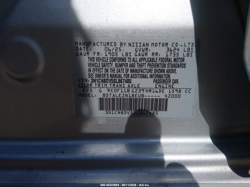 2025 Nissan Versa VIN 3N1CN8DV5SL867485 IAAI salvage auction — FRONT END, Salvage Title, sold $1,600 on 2026-07-12 (photo 9)
