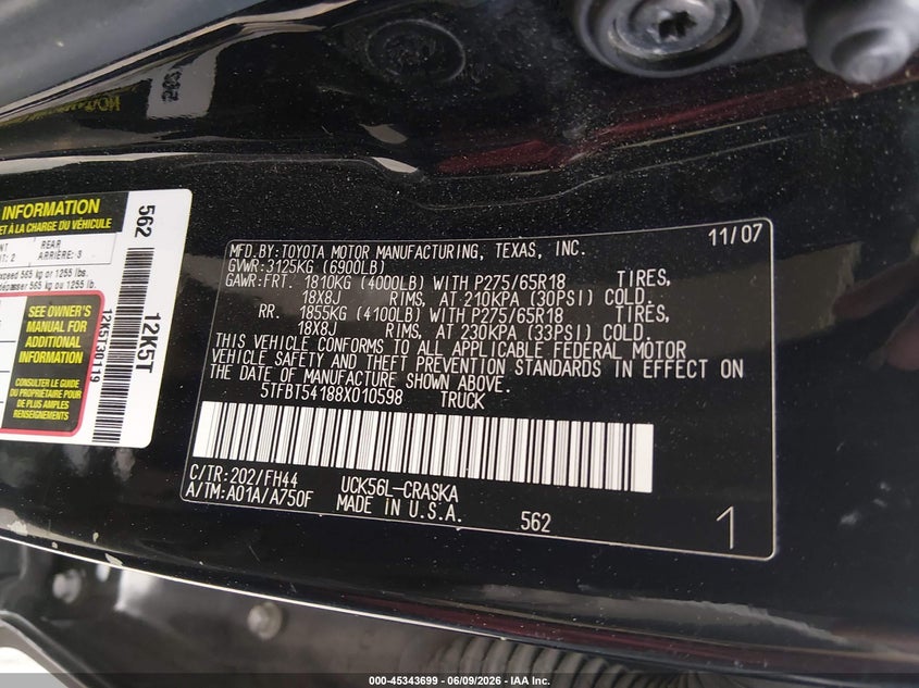 2008 Toyota Tundra VIN 5TFBT54188X010598 IAAI salvage auction — REAR END, Salvage (Iowa), sold $4,650 on 2026-07-16 (photo 9)