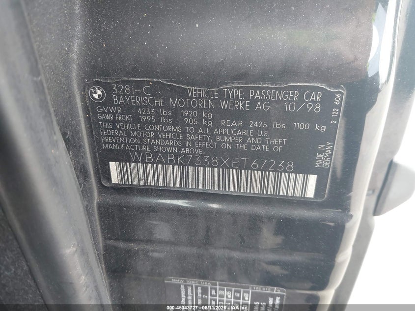 1999 BMW 3 series VIN WBABK7338XET67238 IAAI salvage auction — FRONT END, Salvage (California), sold $525 on 2026-07-10 (photo 9)