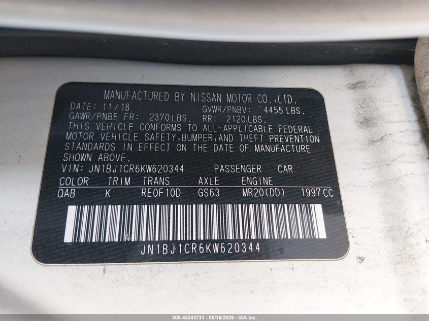 2019 Nissan Rogue VIN JN1BJ1CR6KW620344 IAAI salvage auction — FRONT END, Bill Of Sale (Washington), sold $575 on 2026-07-08 (photo 9)