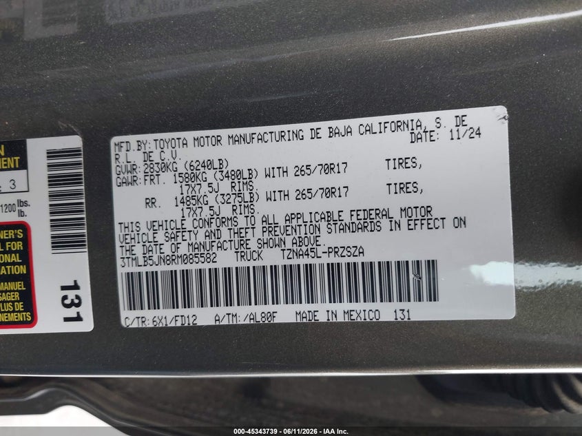 2024 Toyota Tacoma VIN 3TMLB5JN8RM085582 IAAI salvage auction — ROLLOVER, Salvage (California), sold $8,900 on 2026-07-30 (photo 9)