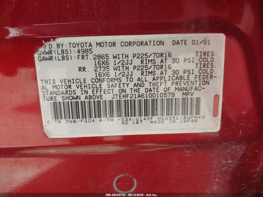 2001 Toyota Highlander VIN JTEHF21A610010579 IAAI salvage auction — NORMAL WEAR, Salvage Title - Dealer (California), sold $725 on 2026-07-14 (photo 9)