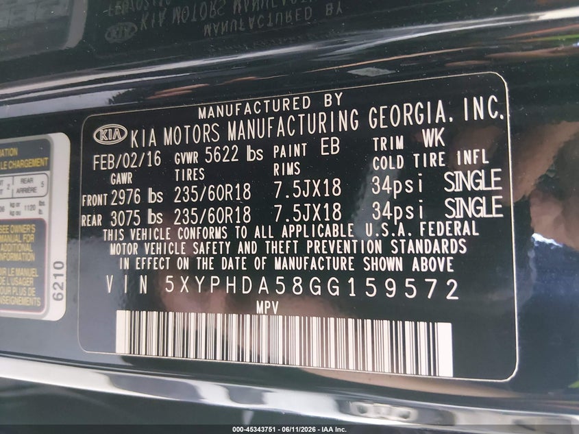 2016 Kia Sorento VIN 5XYPHDA58GG159572 IAAI salvage auction — FRONT END, Salvage Title, sold $850 on 2026-07-11 (photo 9)