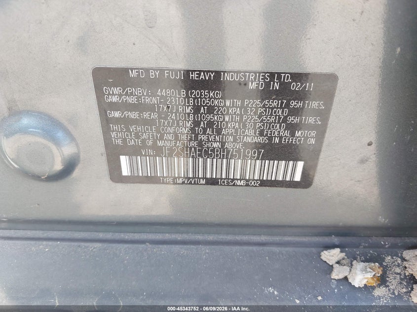 2011 Subaru Forester VIN JF2SHAEC5BH751997 IAAI salvage auction — NORMAL WEAR, Original (Texas), sold $850 on 2026-07-14 (photo 9)