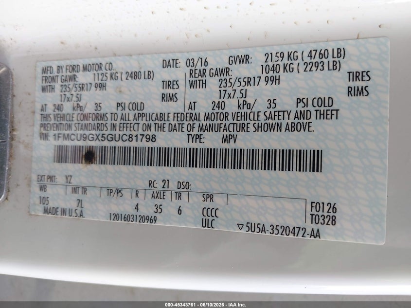 2016 Ford Escape VIN 1FMCU9GX5GUC81798 IAAI salvage auction — NORMAL WEAR, Clear-Dealer Only (Oregon), sold $1,250 on 2026-07-09 (photo 9)