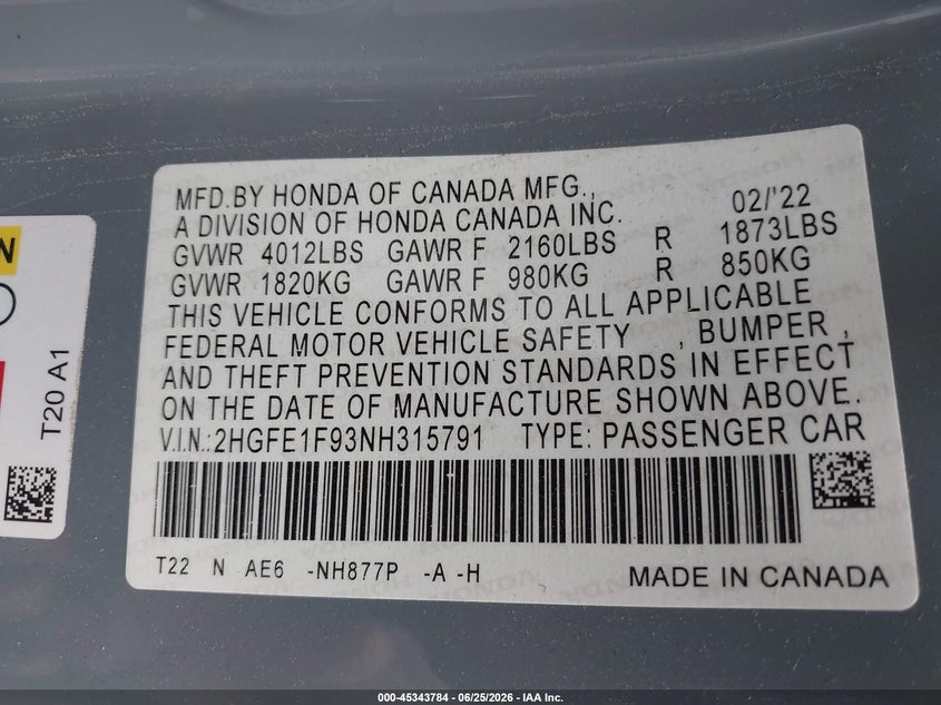 2022 Honda Civic VIN 2HGFE1F93NH315791 IAAI salvage auction — SIDE, Salvage Title, sold $7,700 on 2026-08-31 (photo 9)