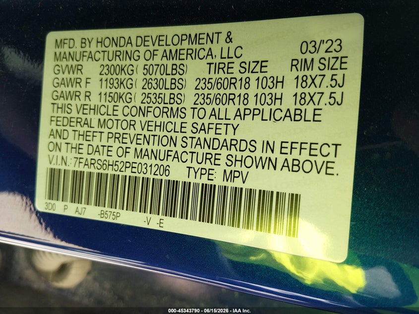 2023 Honda Cr-v VIN 7FARS6H52PE031206 IAAI salvage auction — ELECTRICAL, Certificate Of Title (Nebraska), sold $1,050 on 2026-07-23 (photo 9)