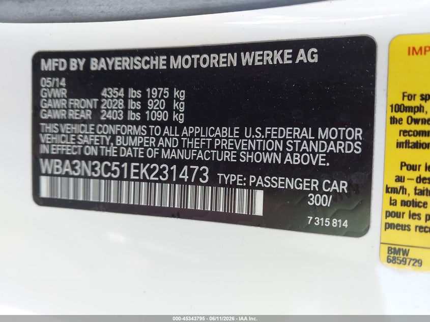 2014 BMW 4er VIN WBA3N3C51EK231473 IAAI salvage auction — LEFT FRONT, Salvage Title, sold $600 on 2026-07-24 (photo 9)