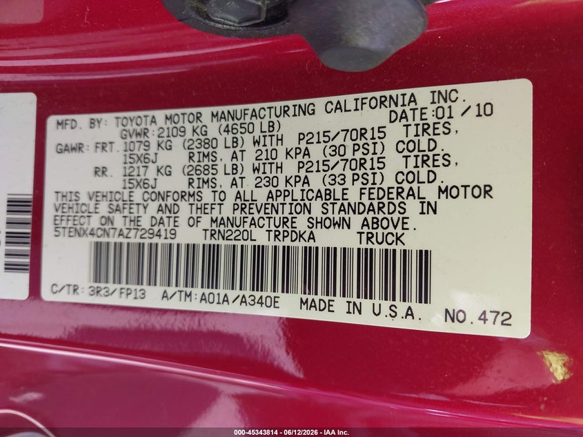 2010 Toyota Tacoma VIN 5TENX4CN7AZ729419 IAAI salvage auction — FRONT END, Salvage (Idaho), sold $3,700 on 2026-07-29 (photo 9)