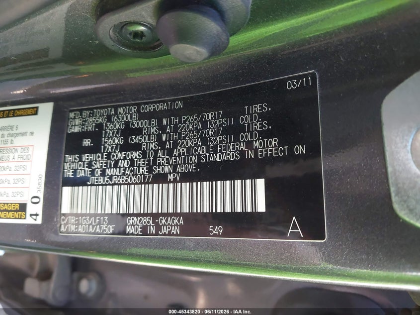 2011 Toyota 4runner VIN JTEBU5JR6B5060177 IAAI salvage auction — ROLLOVER, Bill Of Sale (Washington), sold $5,200 on 2026-07-28 (photo 9)