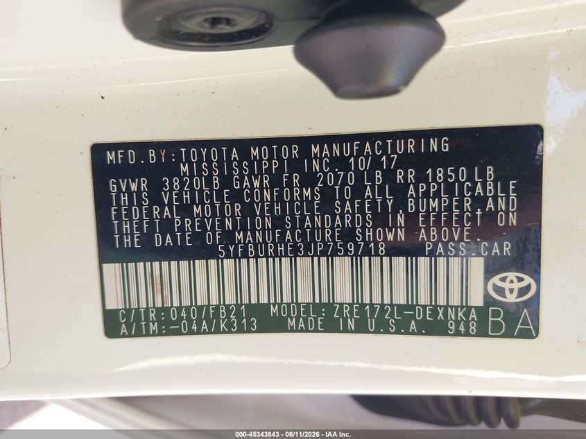 2018 Toyota Corolla VIN 5YFBURHE3JP759718 IAAI salvage auction — FRONT END, Salvage Title, sold $4,450 on 2026-07-14 (photo 9)