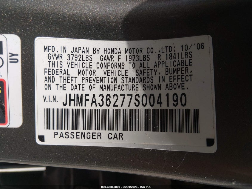 2007 Honda Civic hybrid VIN JHMFA36277S004190 IAAI salvage auction — NORMAL WEAR, Clear (Maryland), sold $275 on 2026-07-29 (photo 9)