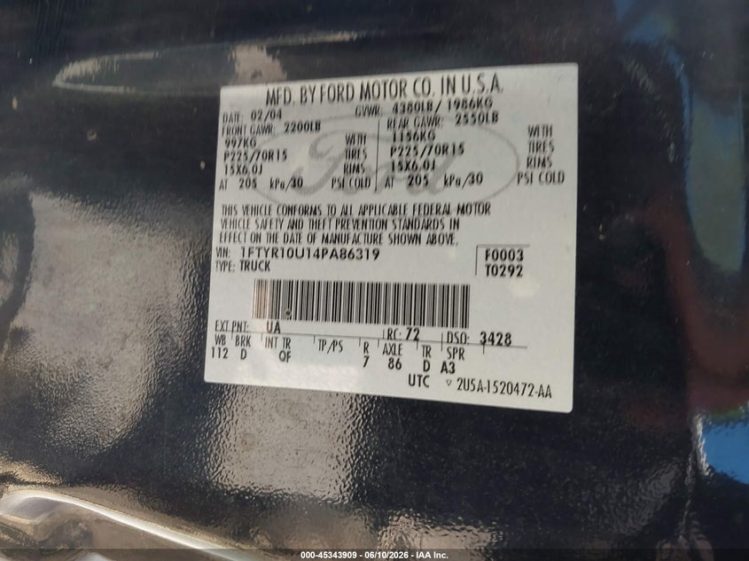2004 Ford Ranger VIN 1FTYR10U14PA86319 IAAI salvage auction — NORMAL WEAR, Clear - Dealer Only (California), sold $1,700 on 2026-07-09 (photo 9)