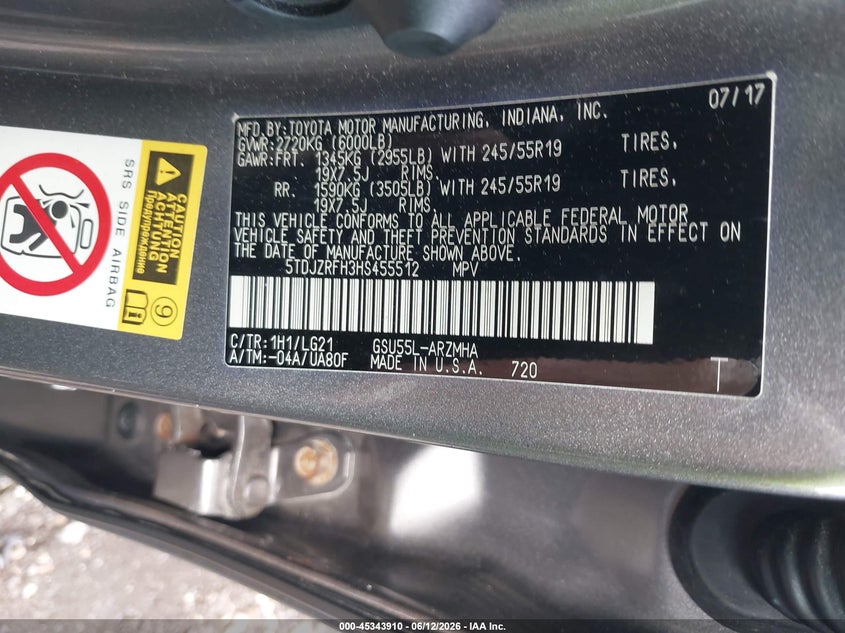 2017 Toyota Highlander VIN 5TDJZRFH3HS455512 IAAI salvage auction — LEFT REAR, Salvage Title, sold $10,475 on 2026-07-28 (photo 9)