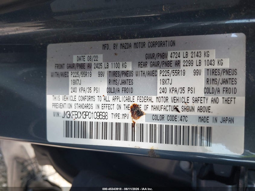 2023 Mazda Cx-5 VIN JM3KFBCM3P0109698 IAAI salvage auction — FRONT END, Salvage Title, sold $6,300 on 2026-08-02 (photo 9)