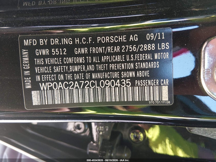 2012 Porsche Panamera VIN WP0AC2A72CL090435 IAAI salvage auction — REAR END, Salvage Title, sold $6,000 on 2026-07-12 (photo 9)