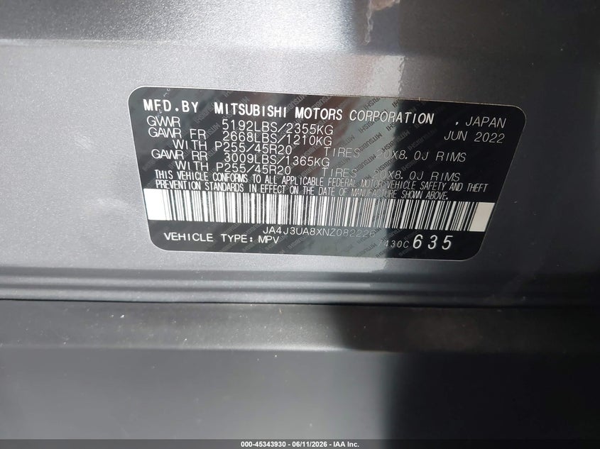 2022 Mitsubishi Outlander VIN JA4J3UA8XNZ082226 IAAI salvage auction — SIDE, Salvage Title, sold $5,900 on 2026-07-22 (photo 9)