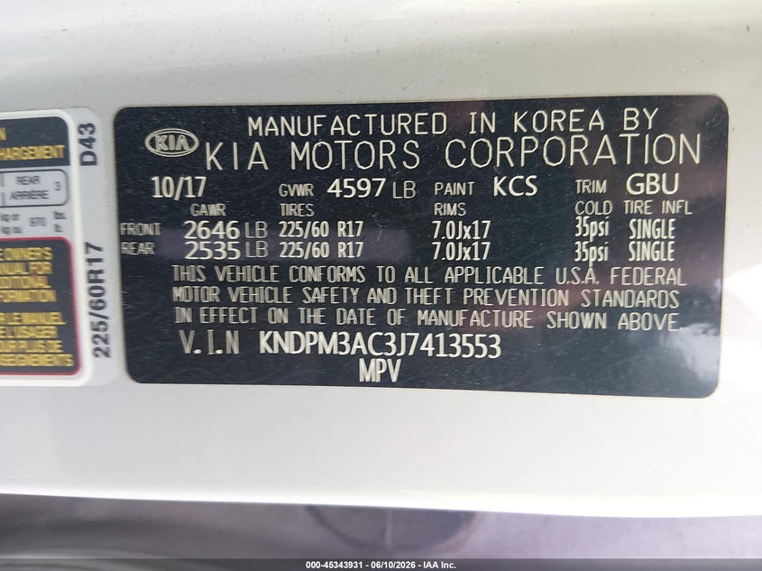 2018 Kia Sportage VIN KNDPM3AC3J7413553 IAAI salvage auction — FRONT END, Salvage (South Carolina), sold $2,450 on 2026-07-25 (photo 9)