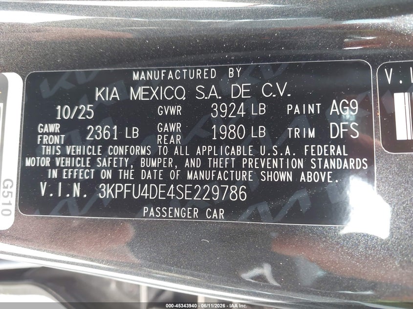 2025 Kia K4 VIN 3KPFU4DE4SE229786 IAAI salvage auction — SUSPENSION, Salvage (Texas), sold $7,300 on 2026-07-29 (photo 9)