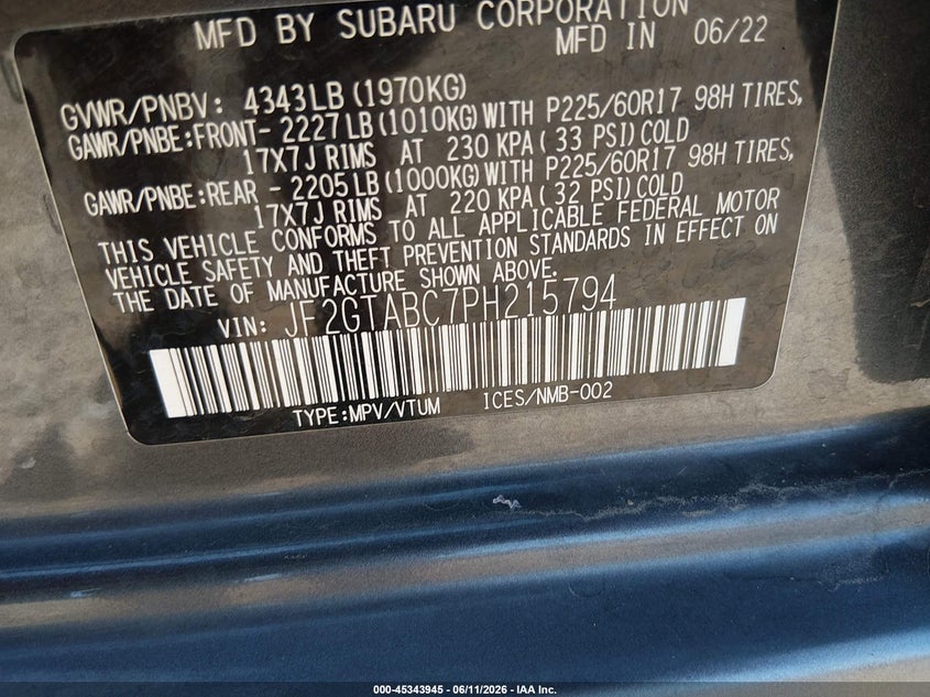 2023 Subaru Xv VIN JF2GTABC7PH215794 IAAI salvage auction — RIGHT REAR, Salvage Title, sold $6,375 on 2026-07-31 (photo 9)