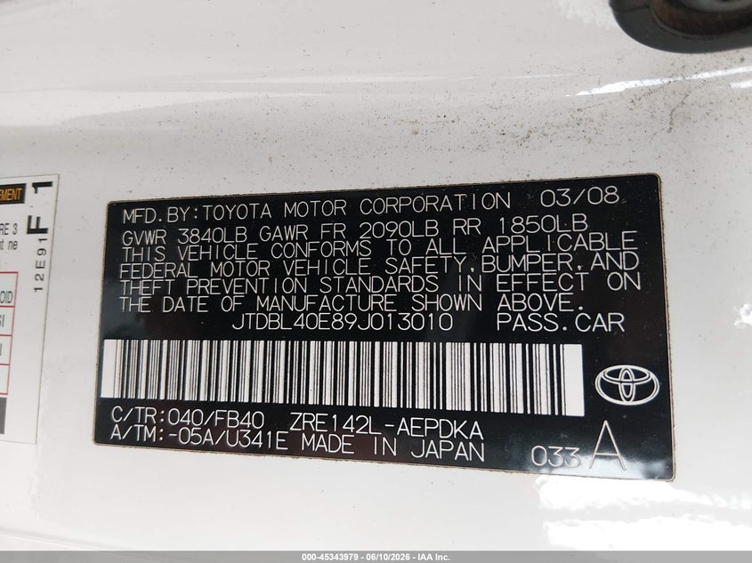 2009 Toyota Corolla VIN JTDBL40E89J013010 IAAI salvage auction — RIGHT FRONT, Bill Of Sale (Washington), sold $1,000 on 2026-07-15 (photo 9)