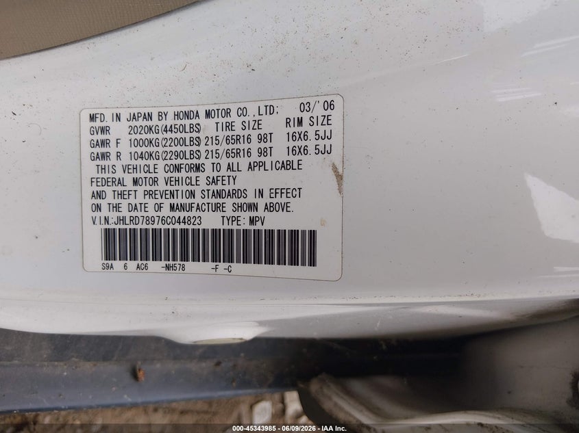 2006 Honda Cr-v VIN JHLRD78976C044823 IAAI salvage auction — NORMAL WEAR, Clear (Tennessee), sold $1,100 on 2026-07-16 (photo 9)