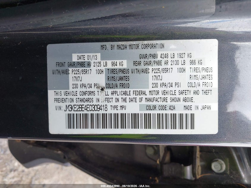 2014 Mazda Cx-5 VIN JM3KE2BE4E0309418 IAAI salvage auction — FRONT END, Clear (Washington), sold $2,650 on 2026-07-08 (photo 9)