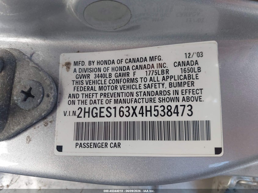 2004 Honda Civic VIN 2HGES163X4H538473 IAAI salvage auction — NORMAL WEAR, Clear - Dealer Only (California), sold $375 on 2026-07-09 (photo 9)