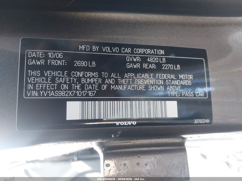 2007 Volvo S80 VIN YV1AS982X71017167 IAAI salvage auction — LEFT & RIGHT, Repossession Paperwork (Georgia), sold $300 on 2026-07-07 (photo 9)