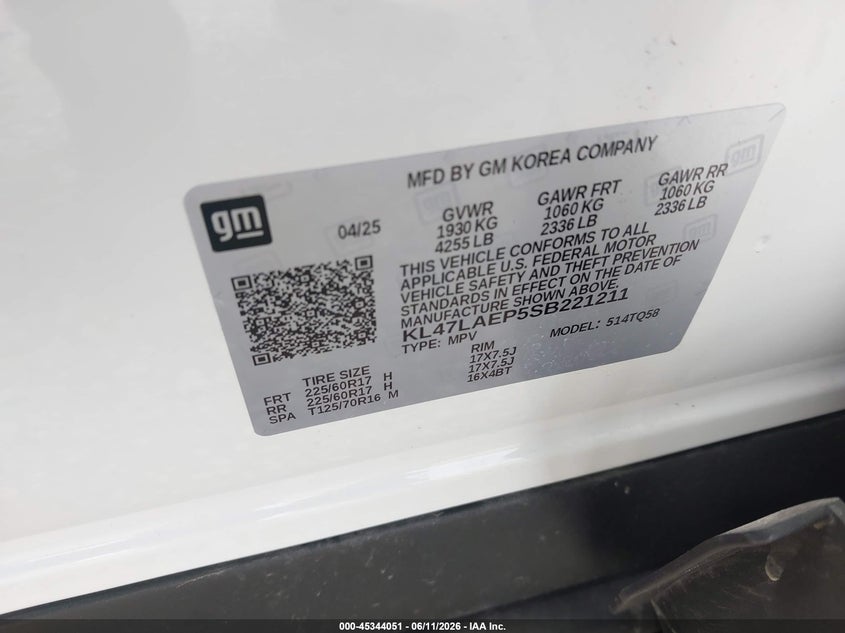 2025 Buick Envista VIN KL47LAEP5SB221211 IAAI salvage auction — FRONT & REAR, Salvage Title, sold $4,550 on 2026-07-31 (photo 9)