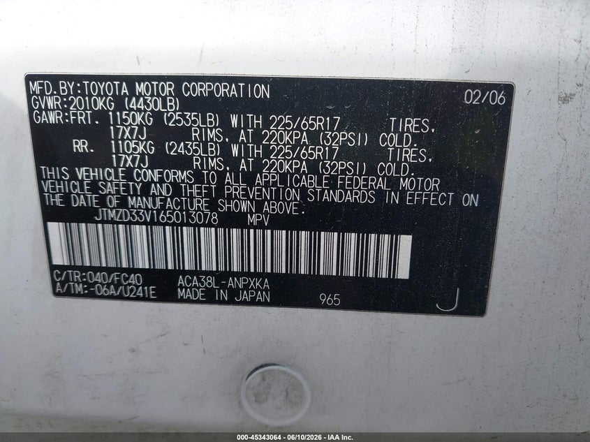 2006 Toyota Rav 4 VIN JTMZD33V165013078 IAAI salvage auction — NORMAL WEAR, Clear (New Jersey), sold $850 on 2026-07-23 (photo 9)