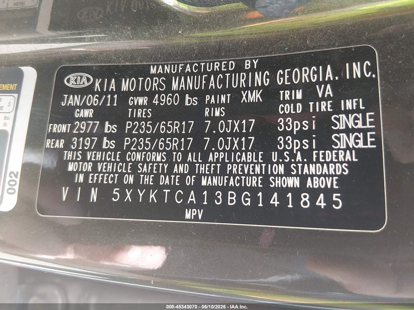 2011 Kia Sorento VIN 5XYKTCA13BG141845 IAAI salvage auction — SIDE, Prior Salvage (Minnesota), sold $425 on 2026-07-22 (photo 9)