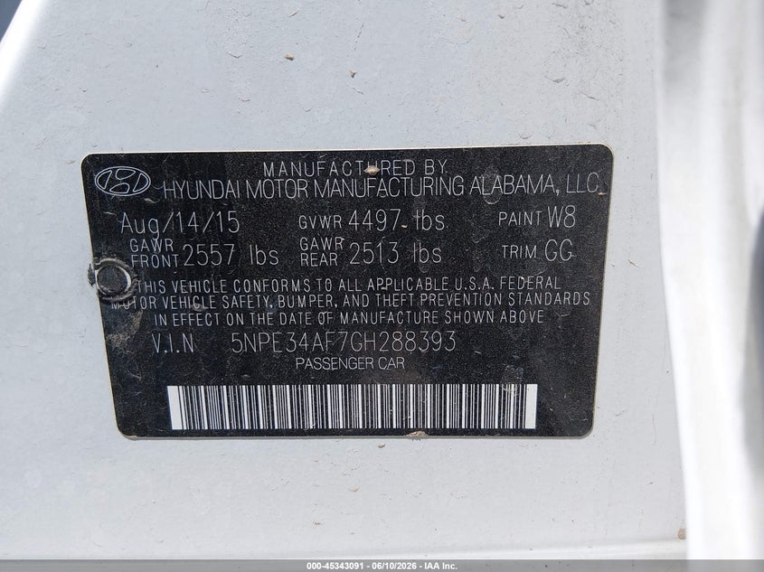 2016 Hyundai Sonata VIN 5NPE34AF7GH288393 IAAI salvage auction — NORMAL WEAR, Salvage Title, sold $1,150 on 2026-07-22 (photo 9)