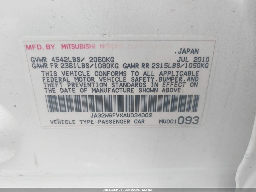 2010 Mitsubishi Lancer evolution VIN JA32W6FVXAU034002 IAAI salvage auction — SIDE, Salvage (Missouri), sold $3,250 on 2026-07-11 (photo 9)
