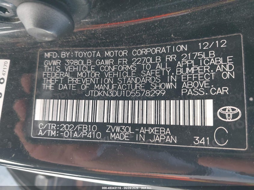 2013 Toyota Prius VIN JTDKN3DU1D5578299 IAAI salvage auction — NORMAL WEAR, Salvage Title, sold $575 on 2026-07-28 (photo 9)