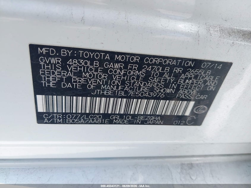 2014 Lexus Gs VIN JTHBE1BL7E5043976 IAAI salvage auction — RIGHT SIDE, Salvage (California), sold $1,550 on 2026-07-29 (photo 9)