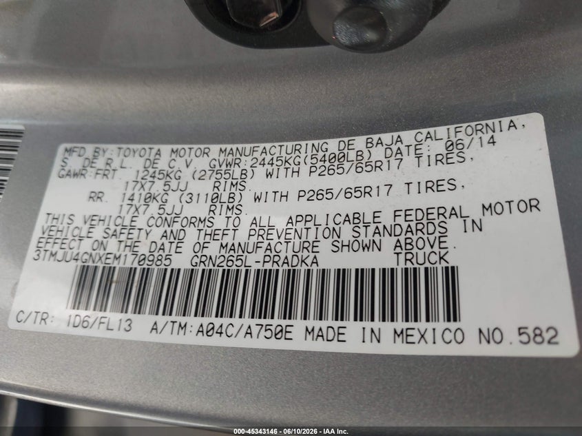2014 Toyota Tacoma VIN 3TMJU4GNXEM170985 IAAI salvage auction — ROLLOVER, Salvage (Arizona), sold $3,200 on 2026-07-09 (photo 9)