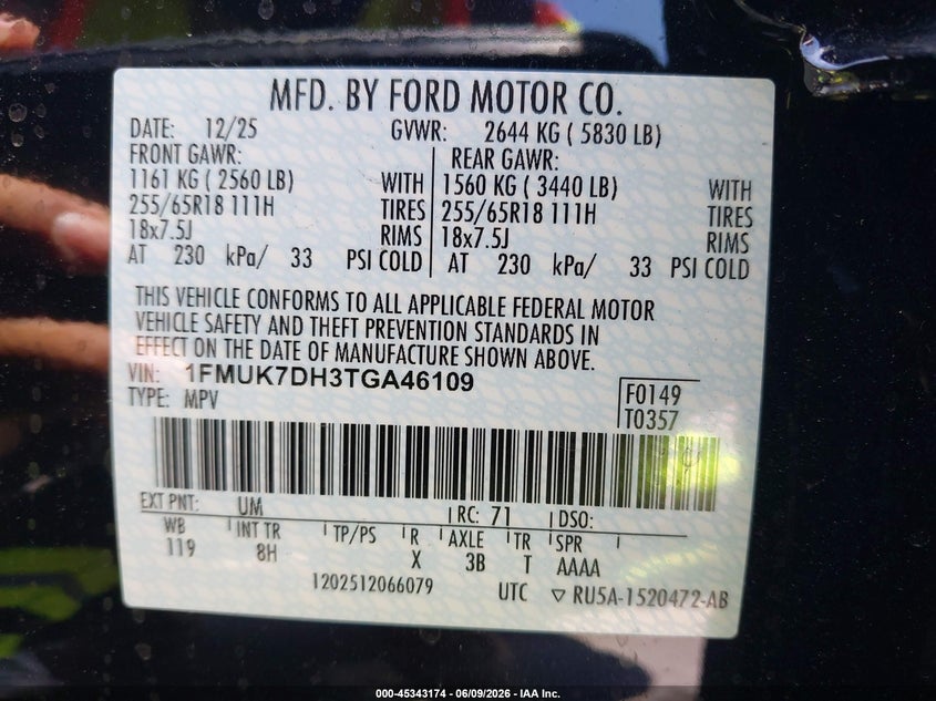 2026 Ford Explorer VIN 1FMUK7DH3TGA46109 IAAI salvage auction — FRONT END, Salvage (California), sold $13,100 on 2026-07-29 (photo 9)