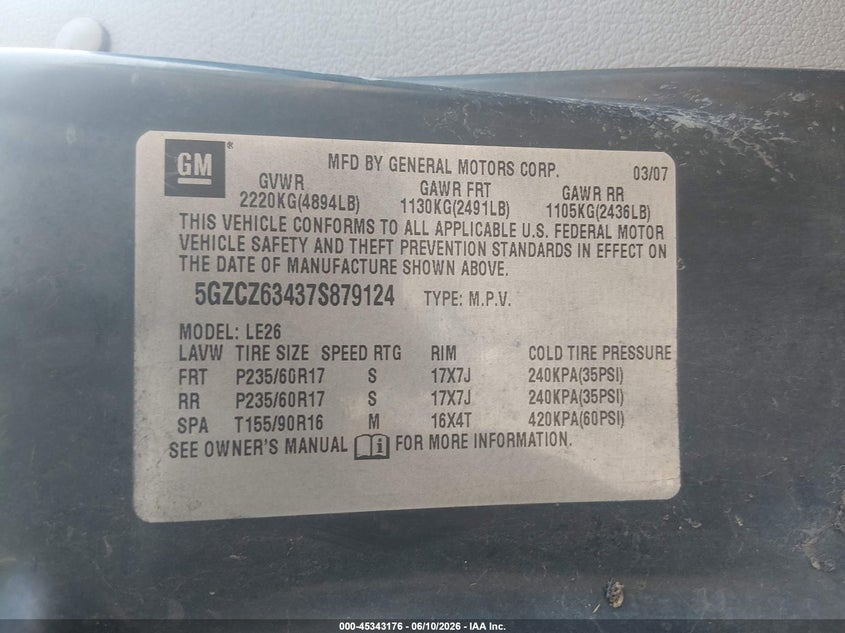 2007 Saturn Vue VIN 5GZCZ63437S879124 IAAI salvage auction — RIGHT REAR, Clear (Tennessee), sold $225 on 2026-07-09 (photo 9)
