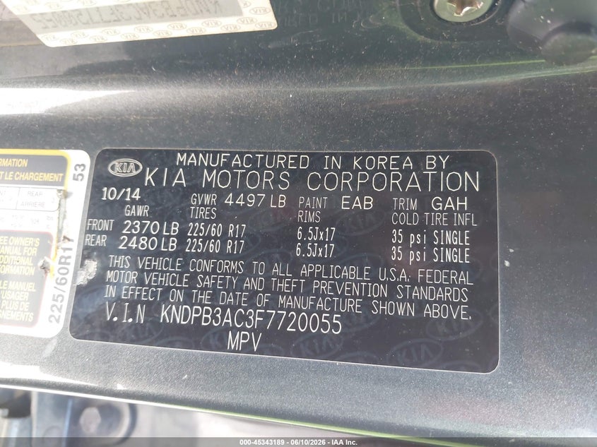 2015 Kia Sportage VIN KNDPB3AC3F7720055 IAAI salvage auction — NORMAL WEAR, Nrc Lienholder Repossession Paperwork (Texas), sold $1,200 on 2026-07-09 (photo 9)
