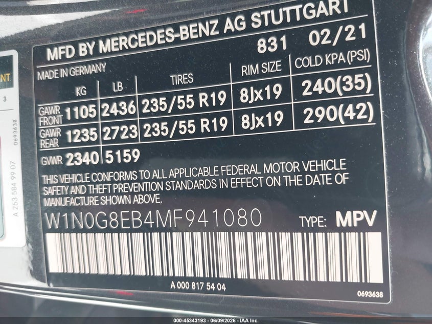 2021 Mercedes-benz Glc VIN W1N0G8EB4MF941080 IAAI salvage auction — NORMAL WEAR, Salvage Title, sold $14,900 on 2026-07-13 (photo 9)
