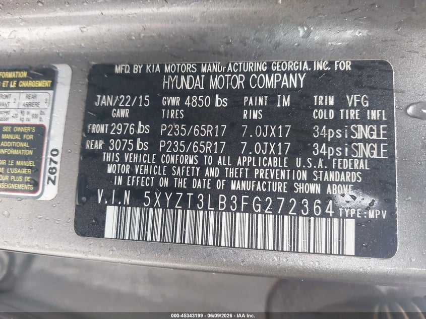 2015 Hyundai Santa fe VIN 5XYZT3LB3FG272364 IAAI salvage auction — NORMAL WEAR, Salvage Title, sold $1,250 on 2026-07-09 (photo 9)