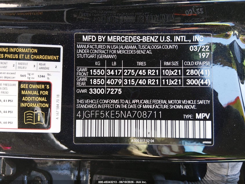 2022 Mercedes-benz Gls-klasse VIN 4JGFF5KE5NA708711 IAAI salvage auction — FRONT END, Salvage (California), sold $14,500 on 2026-07-29 (photo 9)
